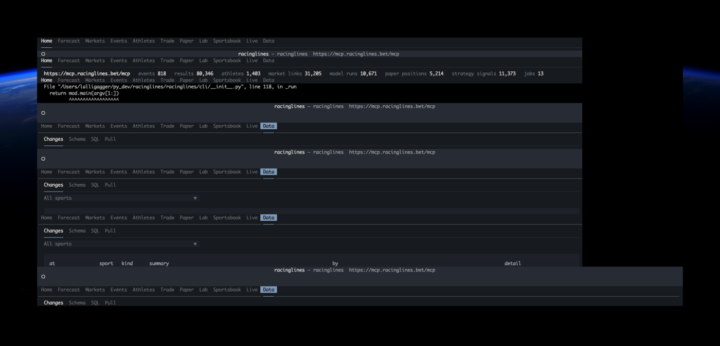 The terminal scrolled under the app: stacked tab bars and a traceback fragment